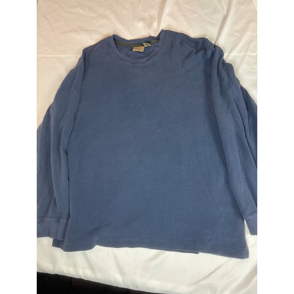 LL Bean Mens XXL Blue Waffle Knit Thermal Long Sleeve Crewneck Shirt Cotton